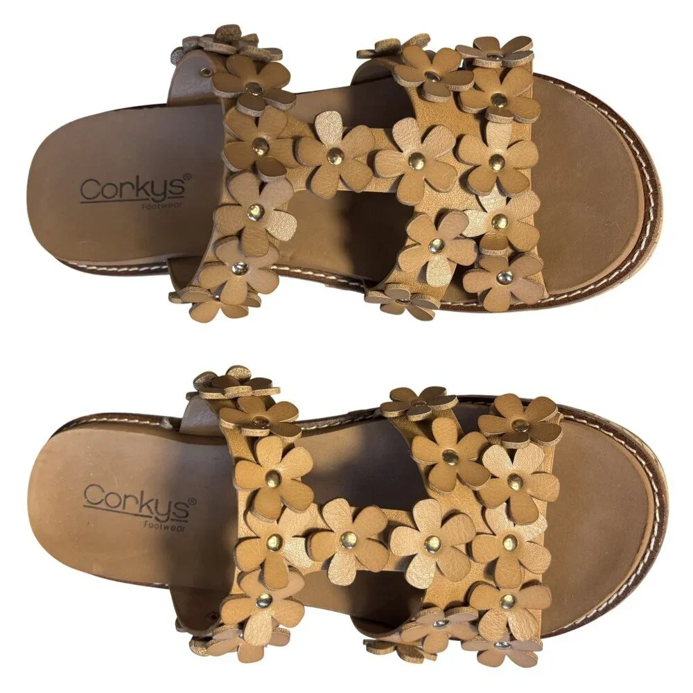 Corkys Floral Wedge Sandals Size 8 Cognac Slip-On Summer Shoes - Picture 6 of 8